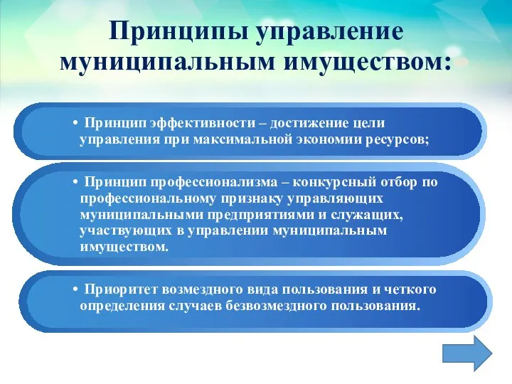 Принципы управление муниципальным имуществом: Принцип эффективности – достижение цели управления при