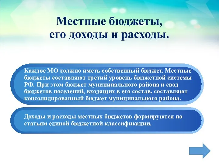 Местные бюджеты, его доходы и расходы. Каждое МО должно иметь собственный