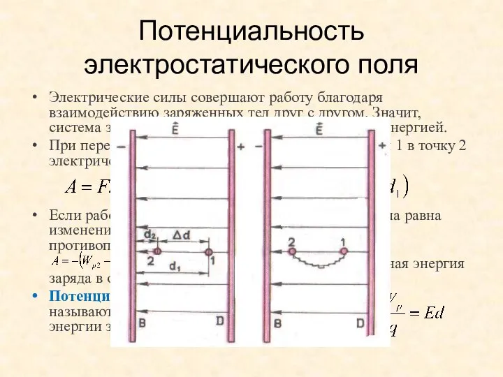 Потенциальность электростатического поля Электрические силы совершают работу благодаря взаимодействию заряженных тел