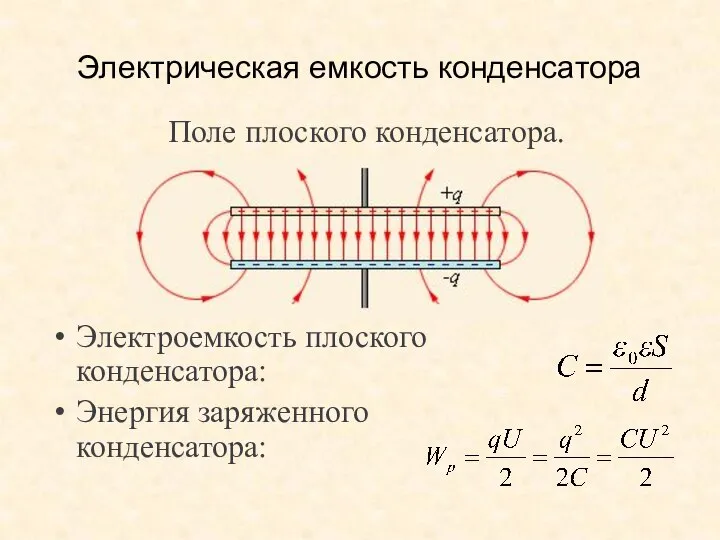 Электрическая емкость конденсатора Поле плоского конденсатора. Электроемкость плоского конденсатора: Энергия заряженного конденсатора: