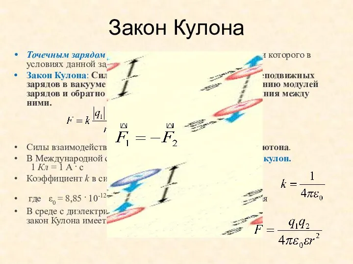 Закон Кулона Точечным зарядом называют заряженное тело, размерами которого в условиях