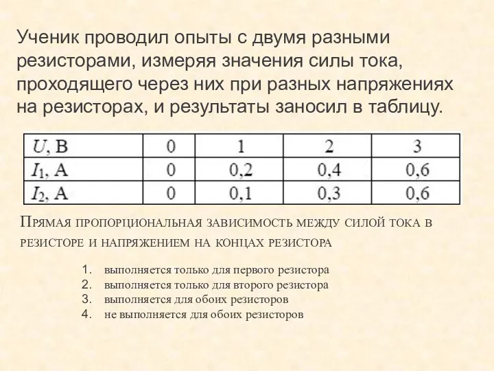 Ученик проводил опыты с двумя разными резисторами, измеряя значения силы тока,