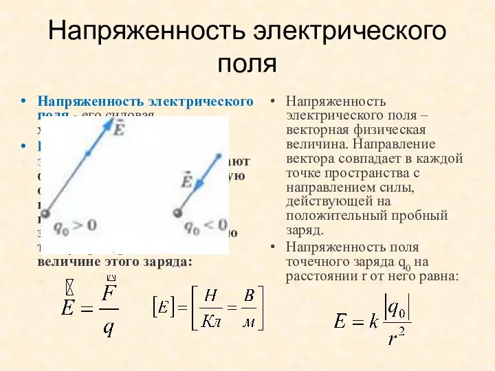 Напряженность электрического поля - его силовая характеристика. Напряженностью электрического поля называют