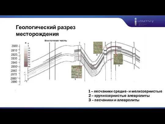 Геологический разрез месторождения 1 – песчаники средне- и мелкозернистые 2 –