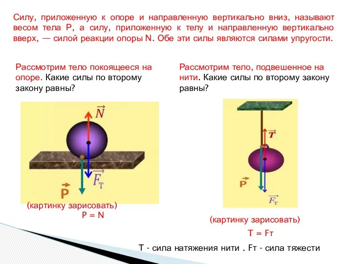 Силу, приложенную к опоре и направленную вертикально вниз, называют весом тела