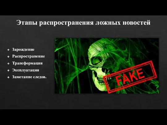 Этапы распространения ложных новостей Зарождение Распространение Трансформация Эксплуатация Заметание следов.