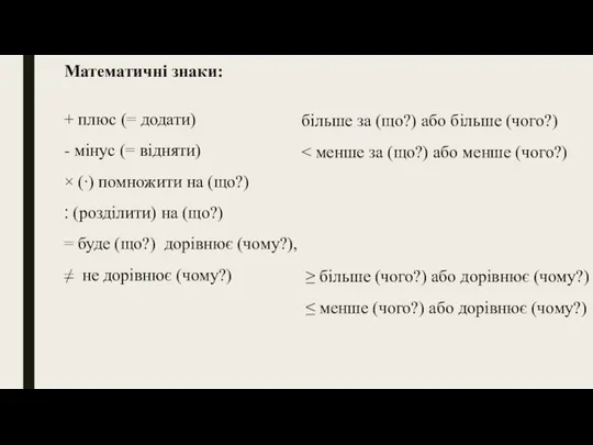 Математичні знаки: + плюс (= додати) - мінус (= відняти) ×