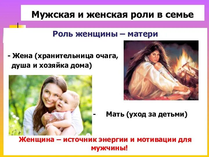 Мужская и женская роли в семье Роль женщины – матери -