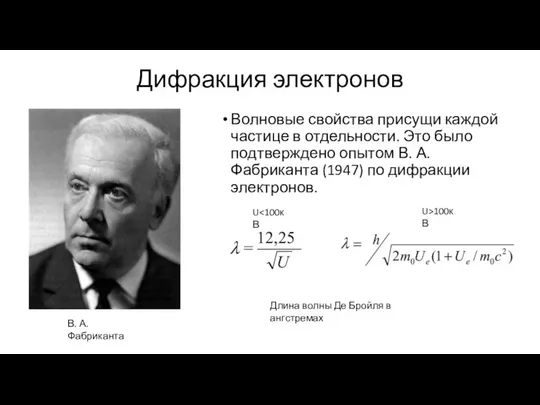 Дифракция электронов Волновые свойства присущи каждой частице в отдельности. Это было