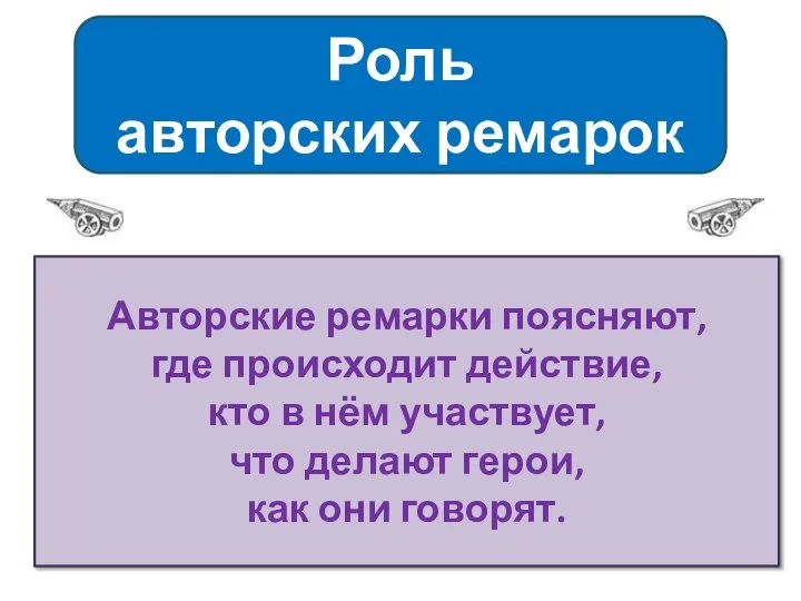 Роль авторских ремарок Авторские ремарки поясняют, где происходит действие, кто в