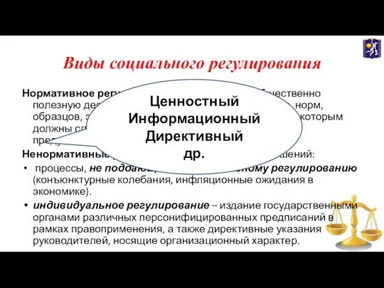 Виды социального регулирования Нормативное регулирование - упорядочить общественно полезную деятельность при