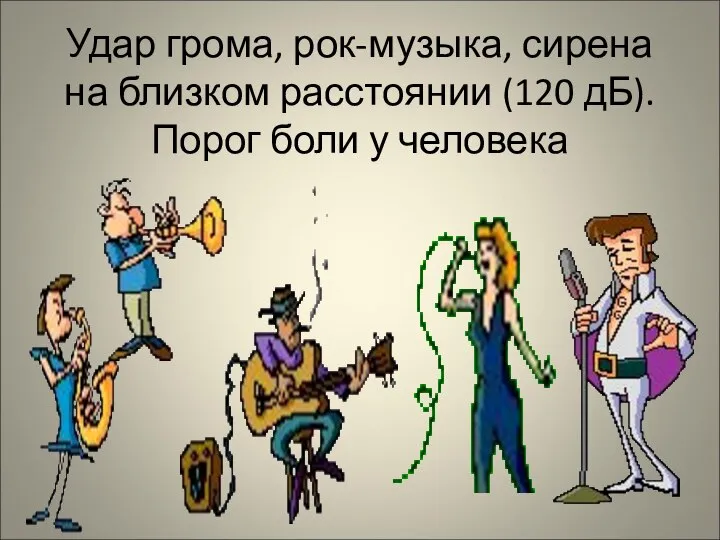 Удар грома, рок-музыка, сирена на близком расстоянии (120 дБ). Порог боли у человека