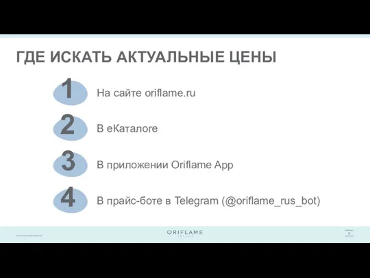 ГДЕ ИСКАТЬ АКТУАЛЬНЫЕ ЦЕНЫ На сайте oriflame.ru В еКаталоге В приложении