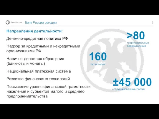 Банк России сегодня ±45 000 сотрудников Банка России >80 территориальных подразделений