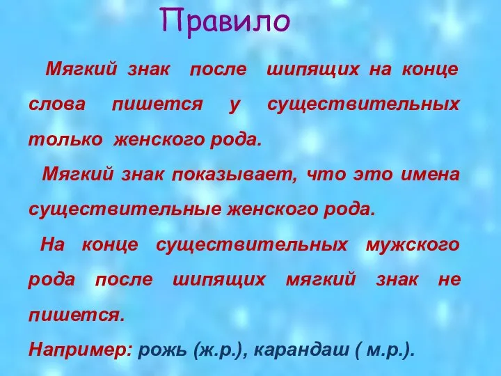 Правило Мягкий знак после шипящих на конце слова пишется у существительных