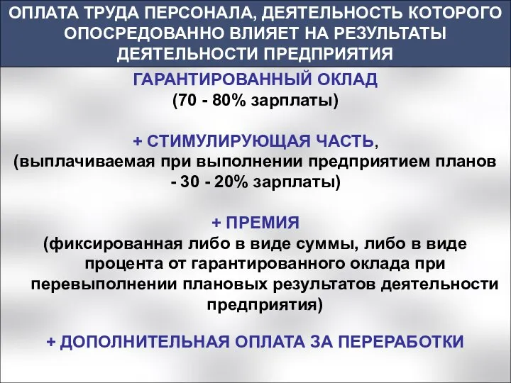 ОПЛАТА ТРУДА ПЕРСОНАЛА, ДЕЯТЕЛЬНОСТЬ КОТОРОГО ОПОСРЕДОВАННО ВЛИЯЕТ НА РЕЗУЛЬТАТЫ ДЕЯТЕЛЬНОСТИ ПРЕДПРИЯТИЯ