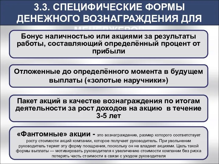 3.3. СПЕЦИФИЧЕСКИЕ ФОРМЫ ДЕНЕЖНОГО ВОЗНАГРАЖДЕНИЯ ДЛЯ МЕНЕДЖЕРОВ Бонус наличностью или акциями