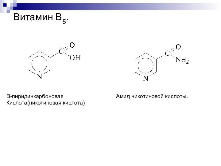 Витамин В5. B-пиридинкарбоновая Кислота(никотиновая кислота) Амид никотиновой кислоты.