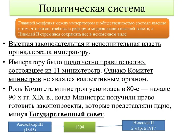 Политическая система Высшая законодательная и исполнительная власть принадлежала императору. Императору было