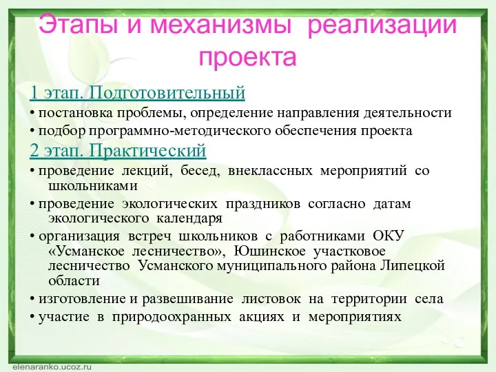 Этапы и механизмы реализации проекта 1 этап. Подготовительный • постановка проблемы,