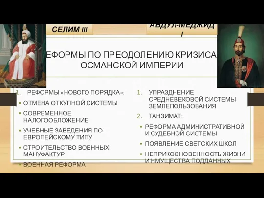 РЕФОРМЫ ПО ПРЕОДОЛЕНИЮ КРИЗИСА В ОСМАНСКОЙ ИМПЕРИИ УПРАЗДНЕНИЕ СРЕДНЕВЕКОВОЙ СИСТЕМЫ ЗЕМЛЕПОЛЬЗОВАНИЯ