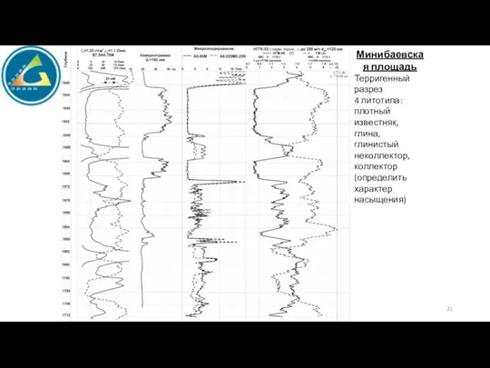 Минибаевская площадь Терригенный разрез 4 литотипа: плотный известняк, глина, глинистый неколлектор, коллектор (определить характер насыщения)