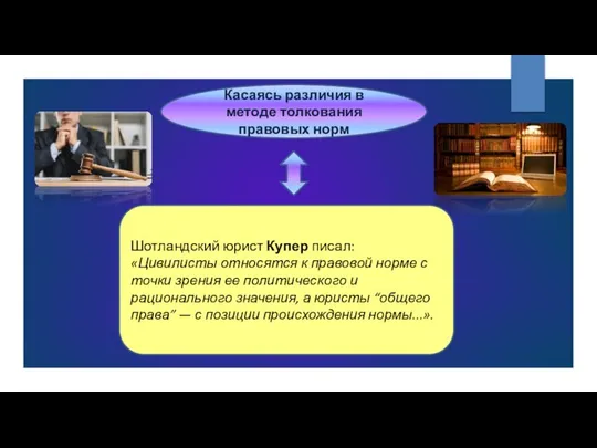 Касаясь различия в методе толкования правовых норм Шотландский юрист Купер писал: