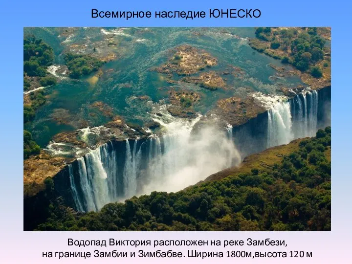 Всемирное наследие ЮНЕСКО Водопад Виктория расположен на реке Замбези, на границе