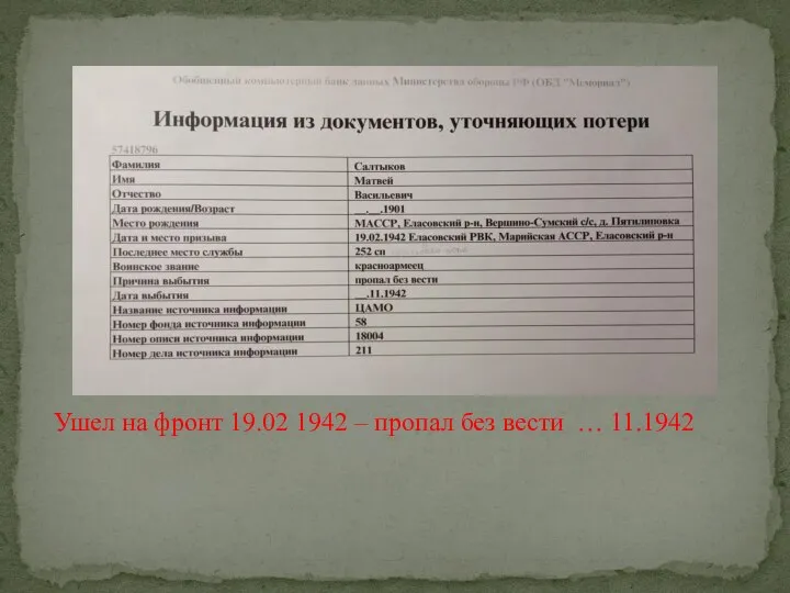 Ушел на фронт 19.02 1942 – пропал без вести … 11.1942