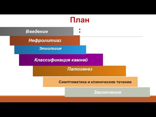 Заключение Симптоматика и клиническое течение Патогенез План: Классификация камней Этиология Нефролитиаз Введение