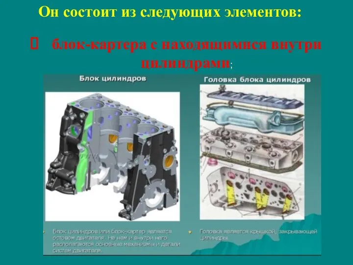 Он состоит из следующих элементов: блок-картера с находящимися внутри цилиндрами;