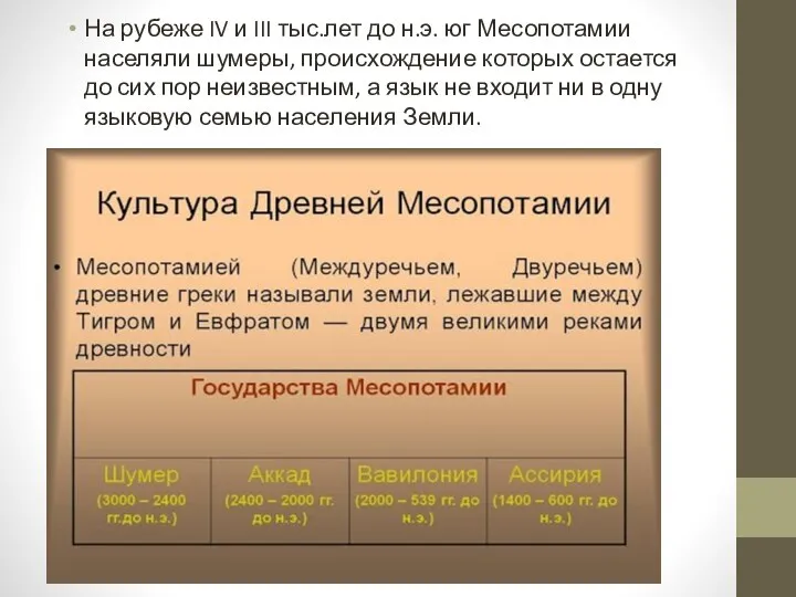 На рубеже IV и III тыс.лет до н.э. юг Месопотамии населяли