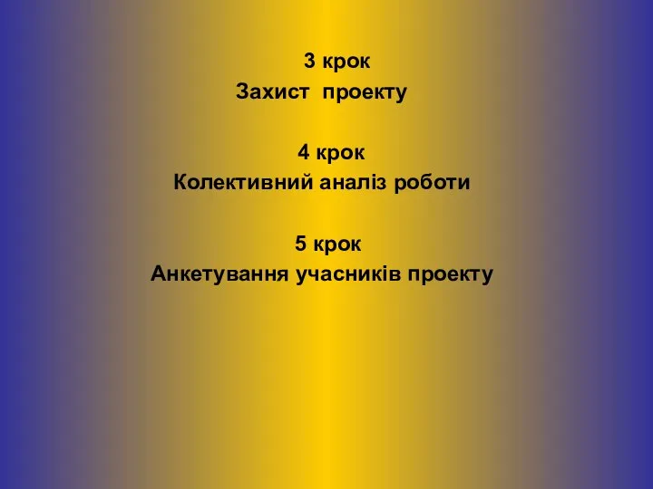 3 крок Захист проекту 4 крок Колективний аналіз роботи 5 крок Анкетування учасників проекту