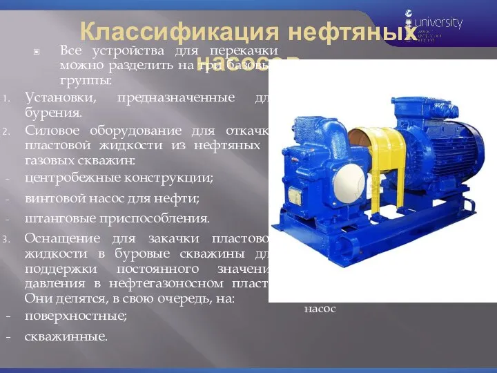 Классификация нефтяных насосов Все устройства для перекачки можно разделить на три