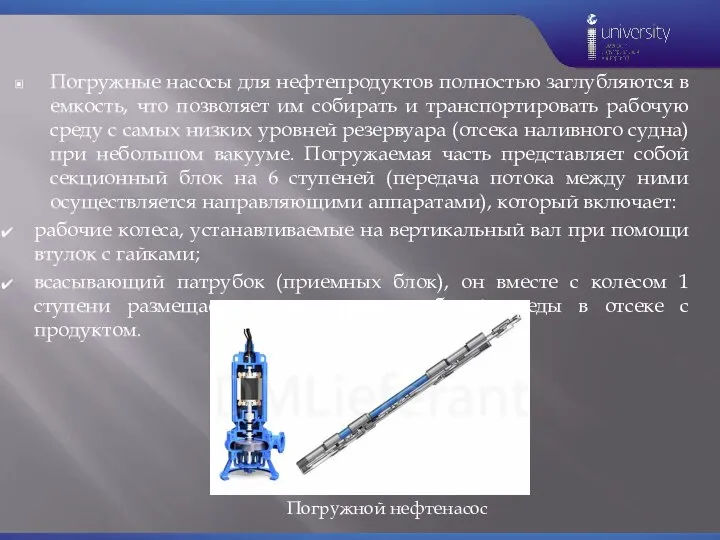 Погружные насосы для нефтепродуктов полностью заглубляются в емкость, что позволяет им