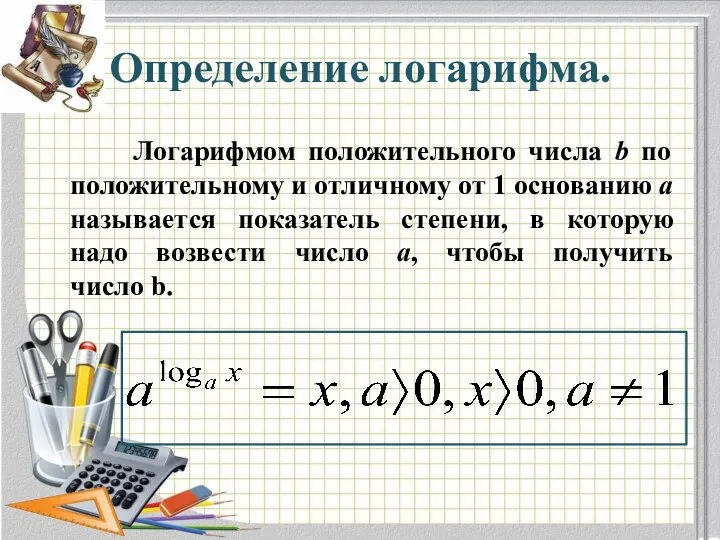 Определение логарифма. Логарифмом положительного числа b по положительному и отличному от