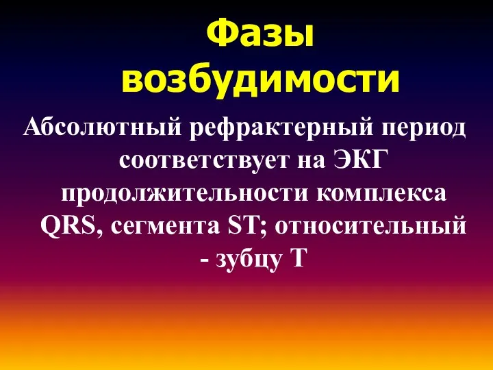 Фазы возбудимости Абсолютный рефрактерный период соответствует на ЭКГ продолжительности комплекса QRS,