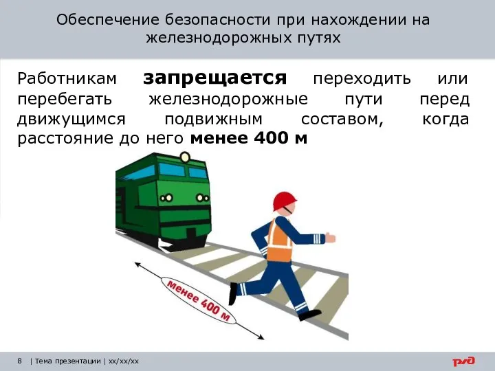 | Тема презентации | xx/xx/xx Обеспечение безопасности при нахождении на железнодорожных