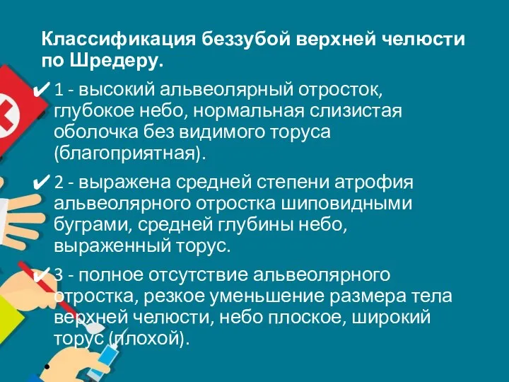 Классификация беззубой верхней челюсти по Шредеру. 1 - высокий альвеолярный отросток,