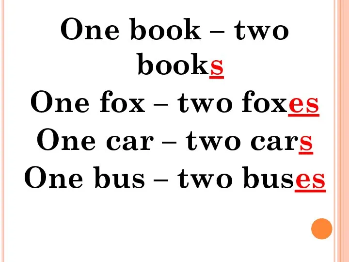 One book – two books One fox – two foxes One