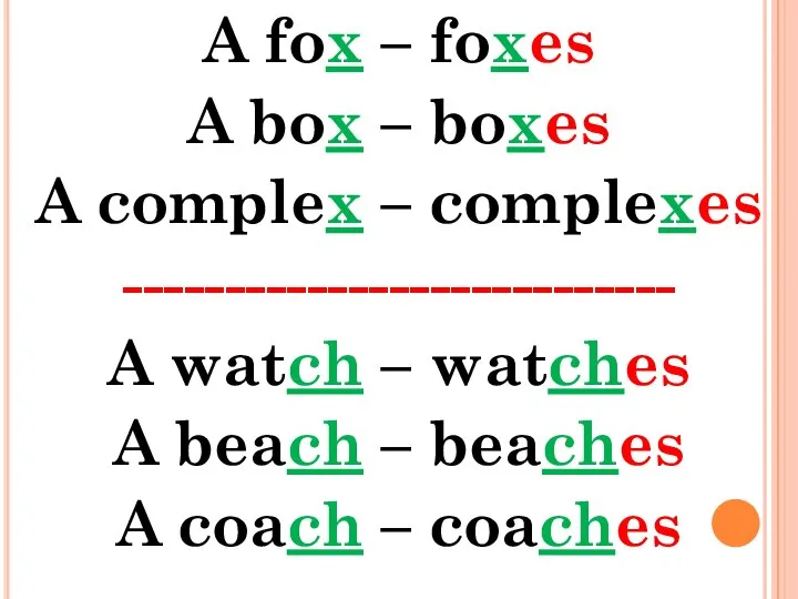 A fox – foxes A box – boxes A complex –