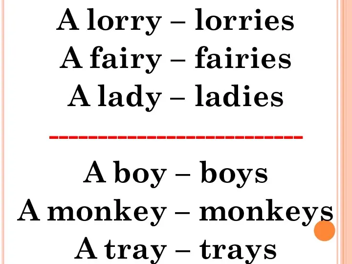 A lorry – lorries A fairy – fairies A lady –