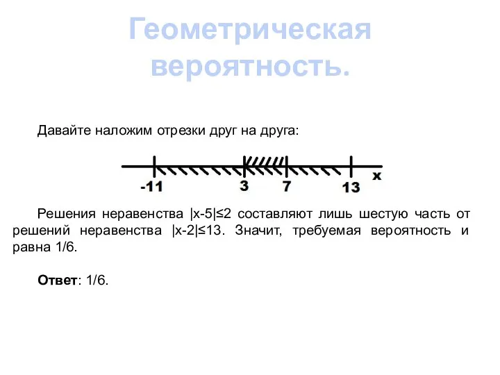 Геометрическая вероятность. Давайте наложим отрезки друг на друга: Решения неравенства |x-5|≤2