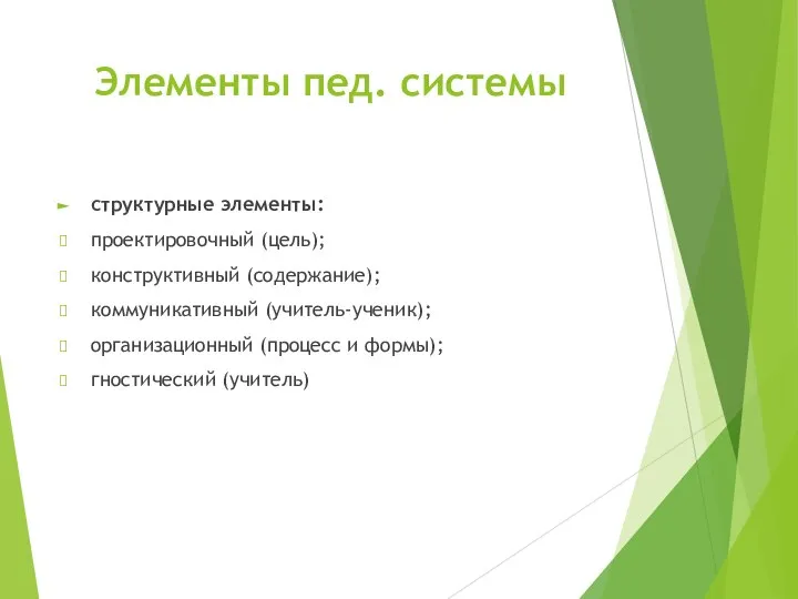 Элементы пед. системы структурные элементы: проектировочный (цель); конструктивный (содержание); коммуникативный (учитель-ученик);