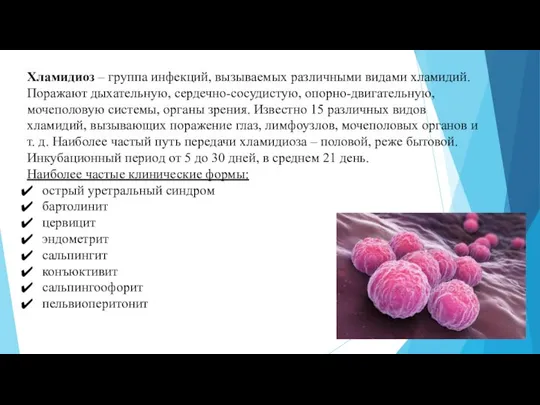 Хламидиоз – группа инфекций, вызываемых различными видами хламидий. Поражают дыхательную, сердечно-сосудистую,