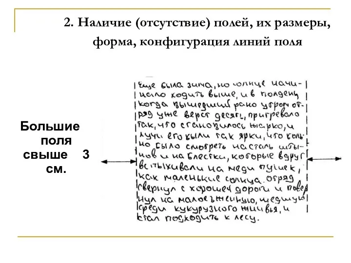 2. Наличие (отсутствие) полей, их размеры, форма, конфигурация линий поля Большие поля свыше 3 см.