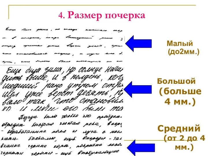 4. Размер почерка Малый (до2мм.) Большой (больше 4 мм.) Средний (от 2 до 4 мм.)