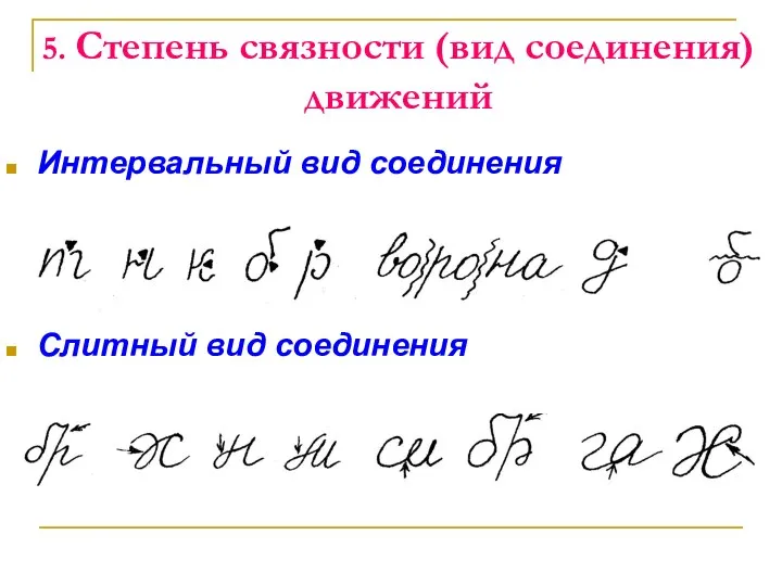 Интервальный вид соединения Слитный вид соединения 5. Степень связности (вид соединения) движений