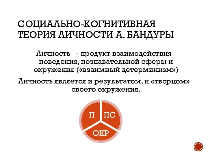 СОЦИАЛЬНО-КОГНИТИВНАЯ ТЕОРИЯ ЛИЧНОСТИ А. БАНДУРЫ Личность - продукт взаимодействия поведения, познавательной