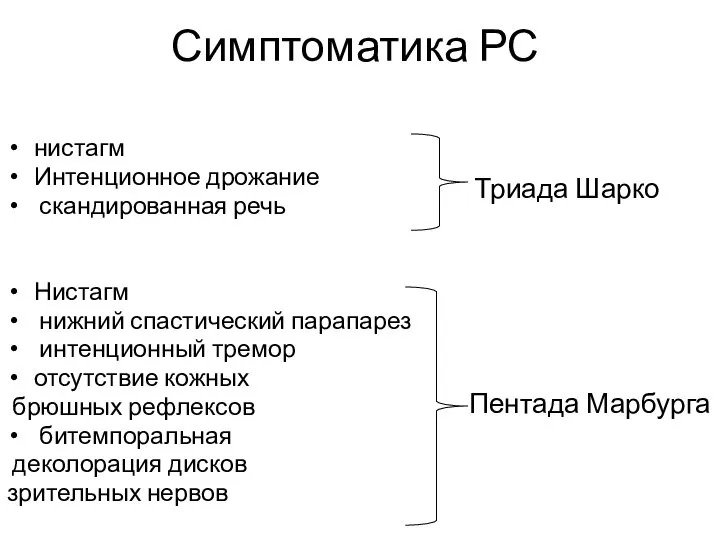 Симптоматика РС нистагм Интенционное дрожание скандированная речь Нистагм нижний спастический парапарез